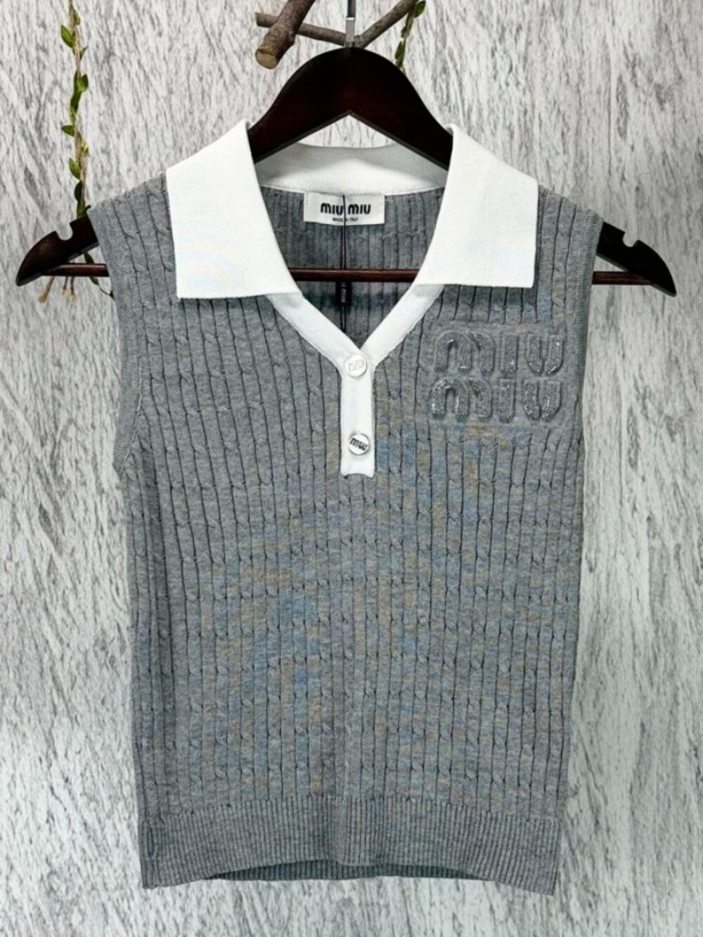 Miu Miu Grey Cable Knit Sleeveless Polo Vest Rhinestone Logo Top